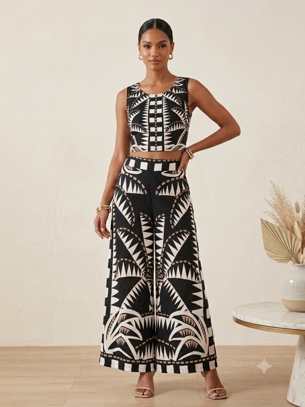 Rose & Olive Black and White Geometric Maxi  pants